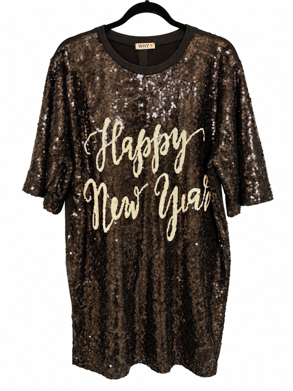 Women’s Black & White Sequin Happy New Year T-Shirt Dress by Why Dress One Size